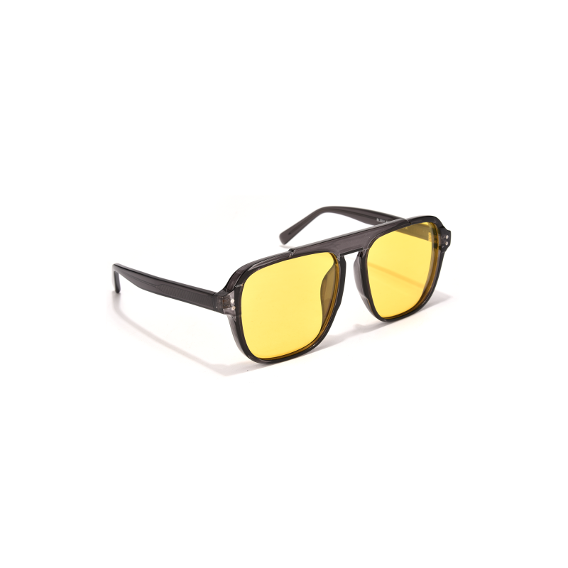 Stylish sunglasses with yellow lenses on white background.