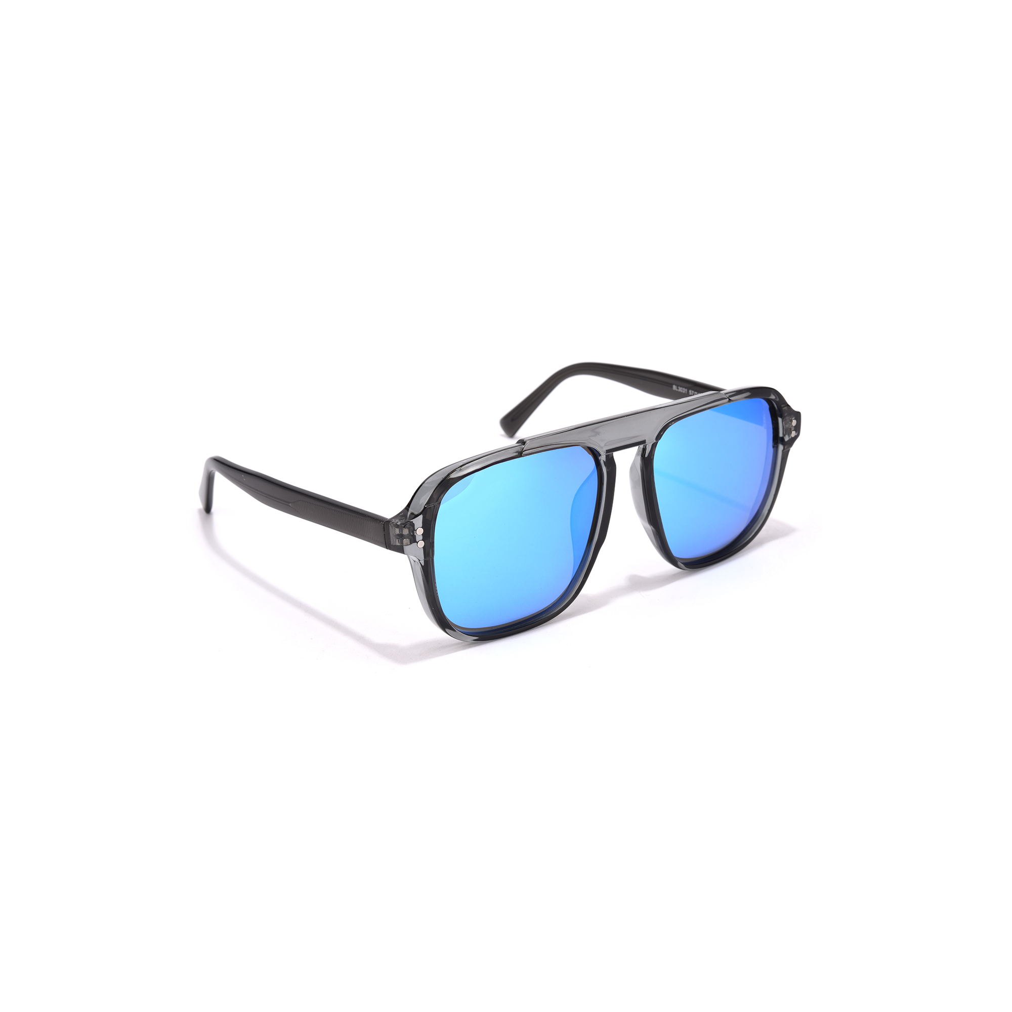 London Aviator grey and blue lense side view 2 Stylish black sunglasses with blue lenses