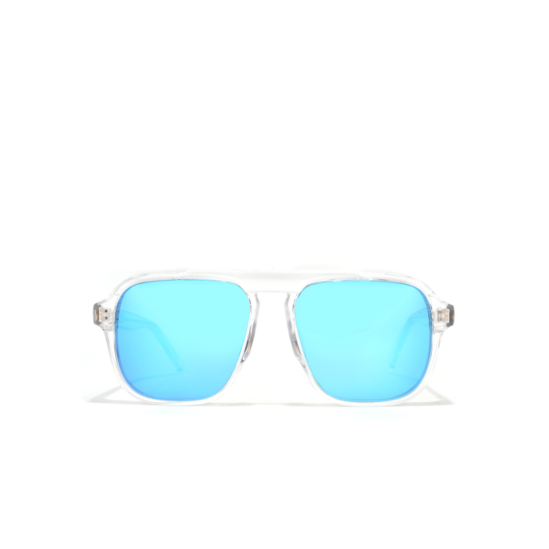 Clear frame sunglasses with blue lenses