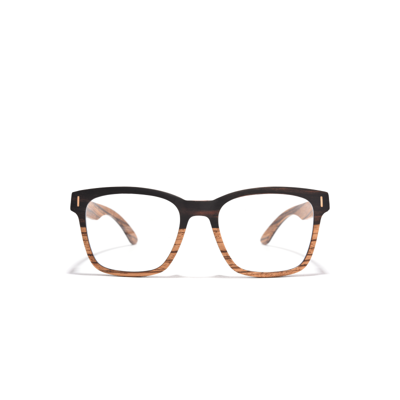 Brown wooden eyeglass frames on white background.
