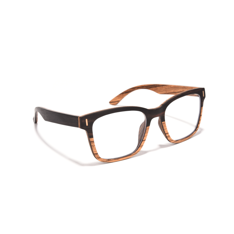 Wooden rectangular eyeglasses with black frames