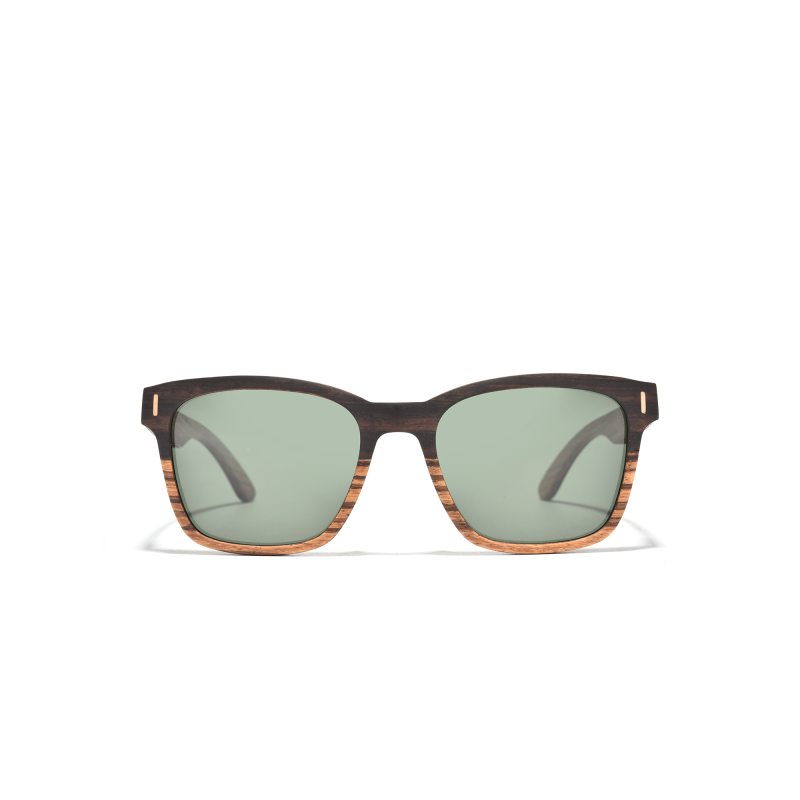 Stylish sunglasses with wooden frames and green lenses.