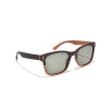Stylish wooden sunglasses on white background.