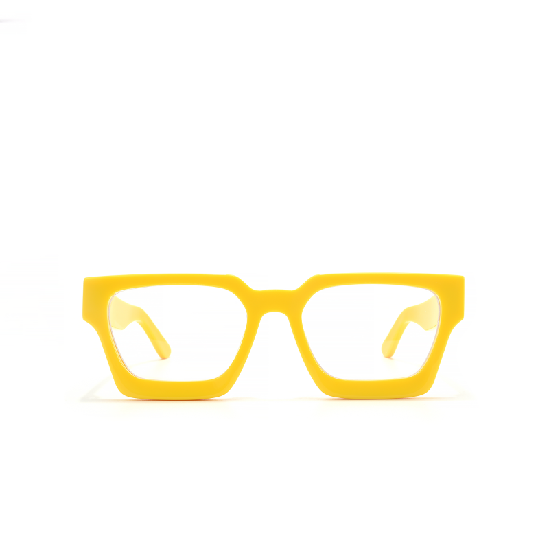 Bright yellow square-shaped eyeglasses on white background.