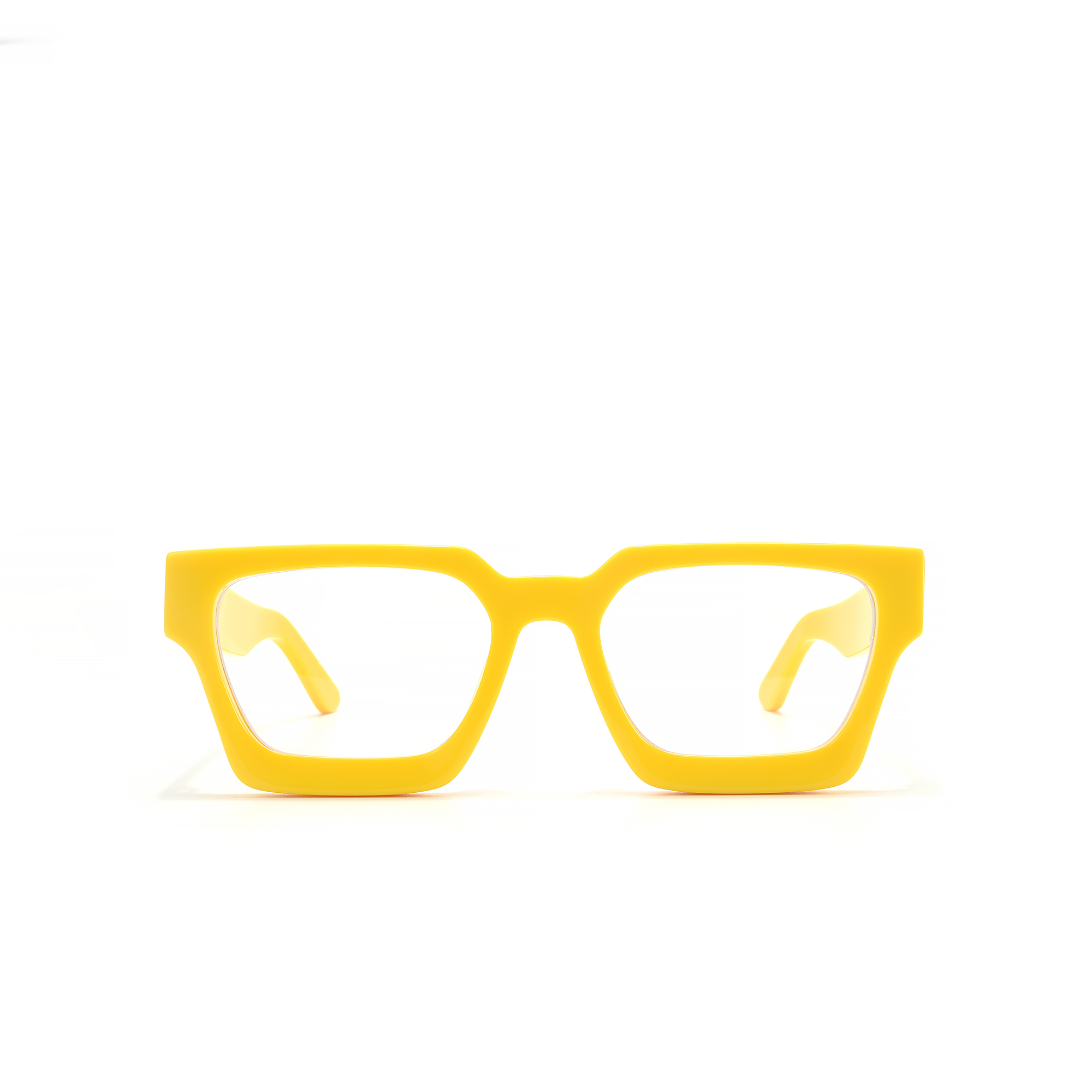 BLOOMSBURY YELLOW FRONT Bright yellow square-shaped eyeglasses on white background.