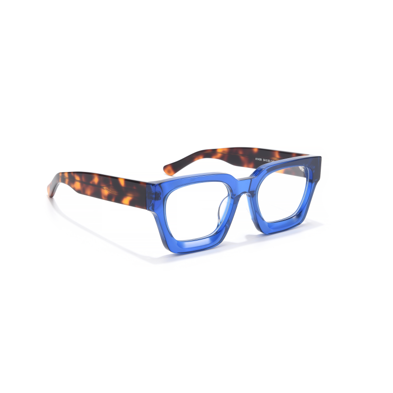 Blue eyeglasses with tortoiseshell arms