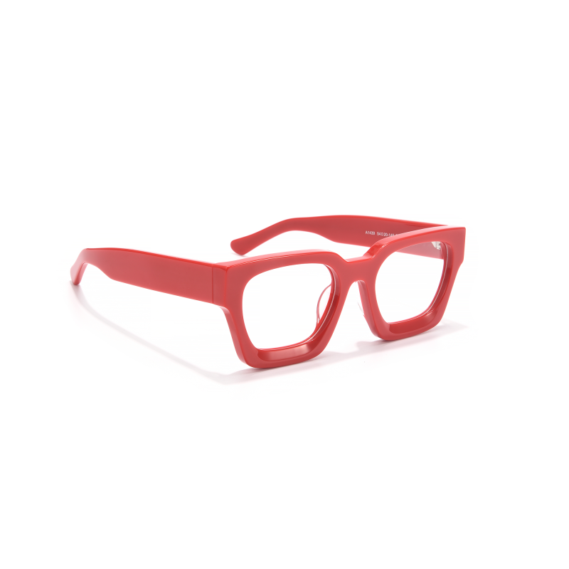 Red square-frame glasses on white background.