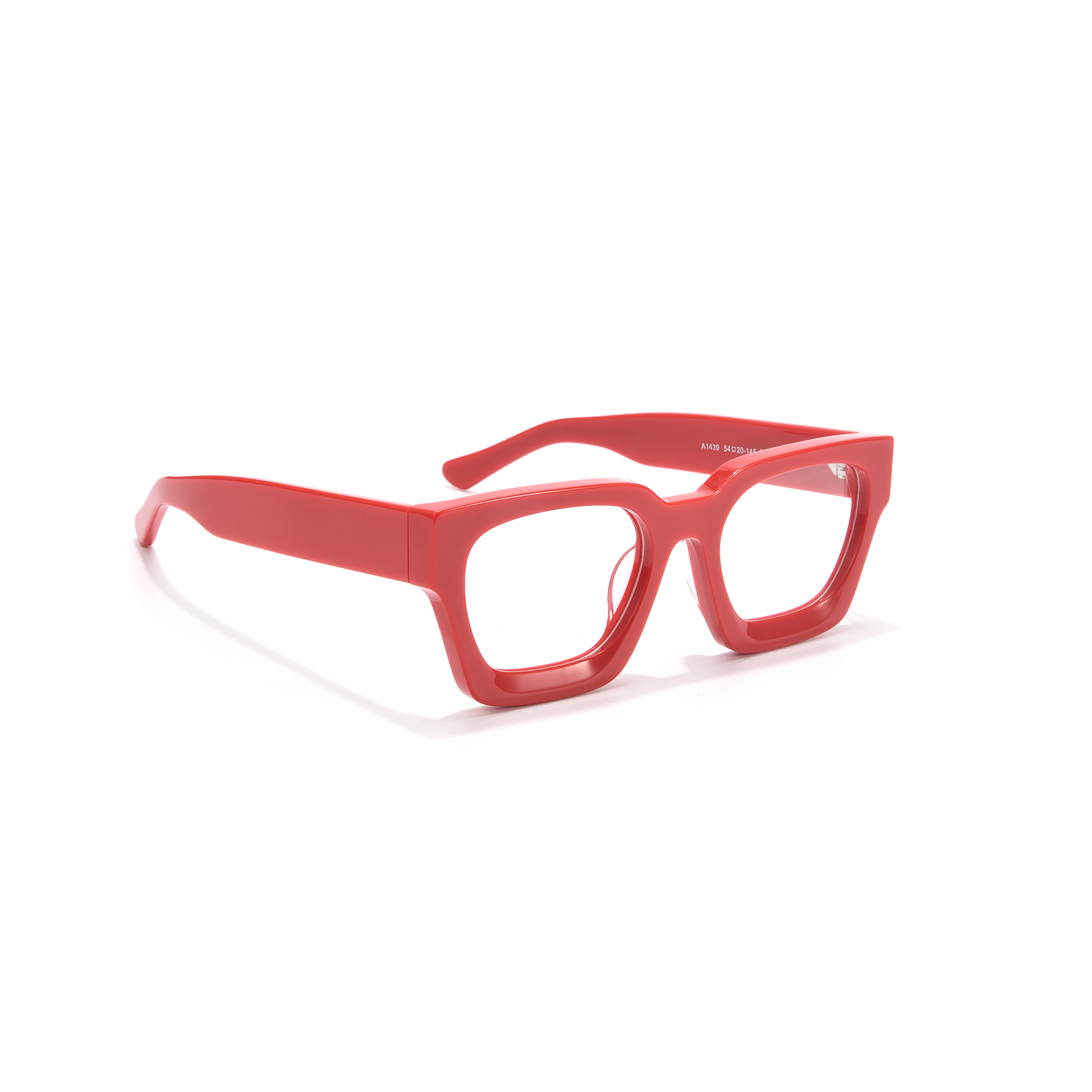 BLOOMSBURY red side Red square-frame glasses on white background.
