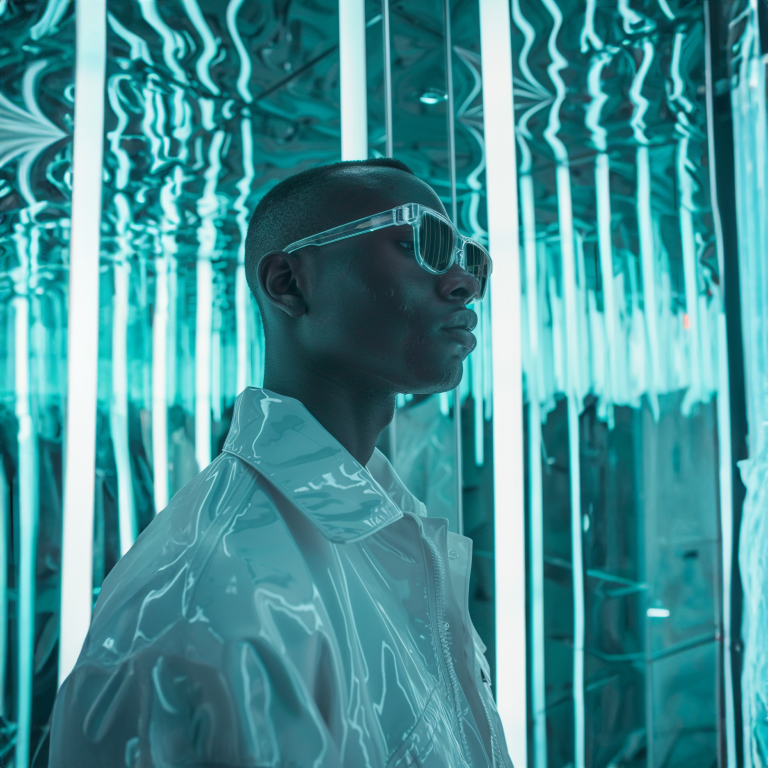 Stylish person in futuristic illuminated room
