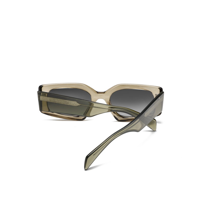 Fashionable dark tinted sunglasses with green frames.