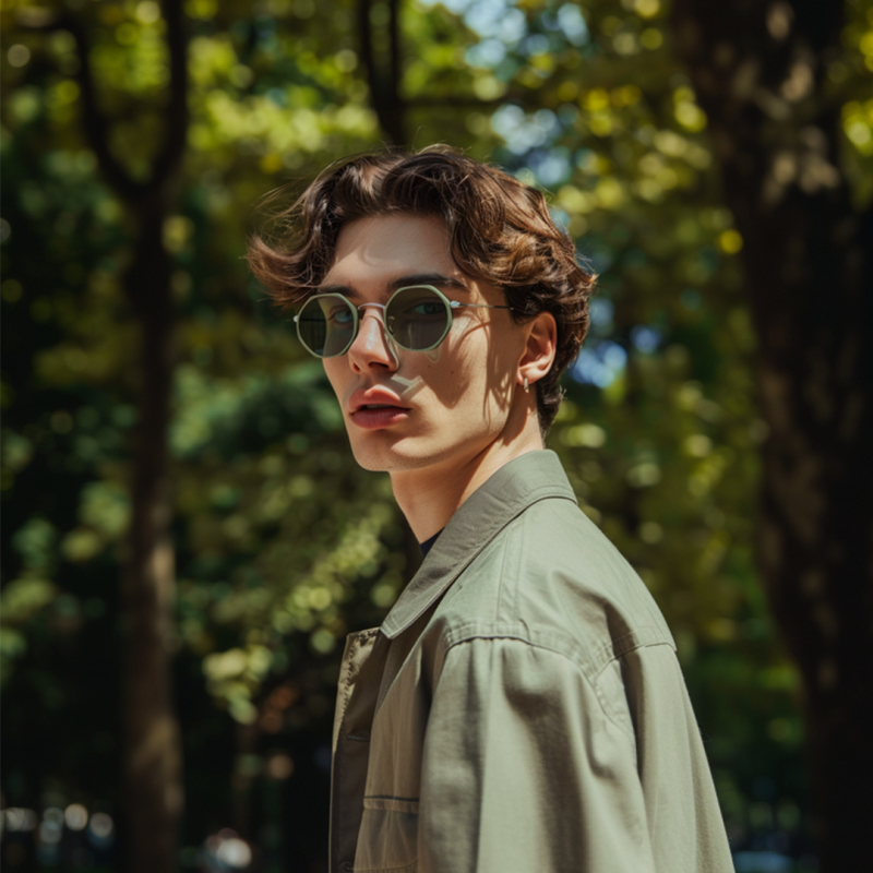 Person with sunglasses in a sunlit park.