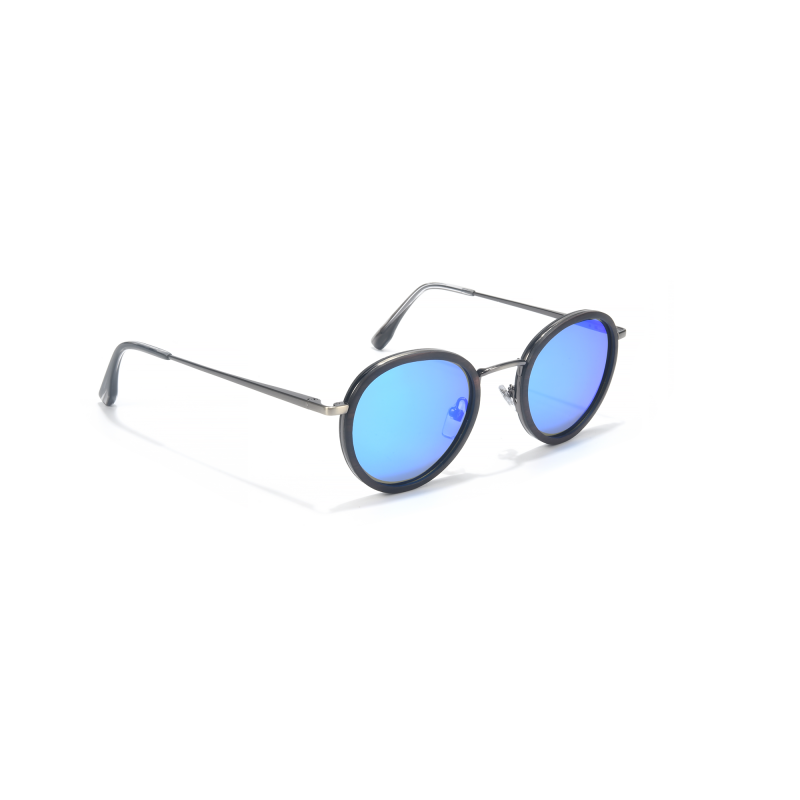 Round sunglasses with blue lenses on display.