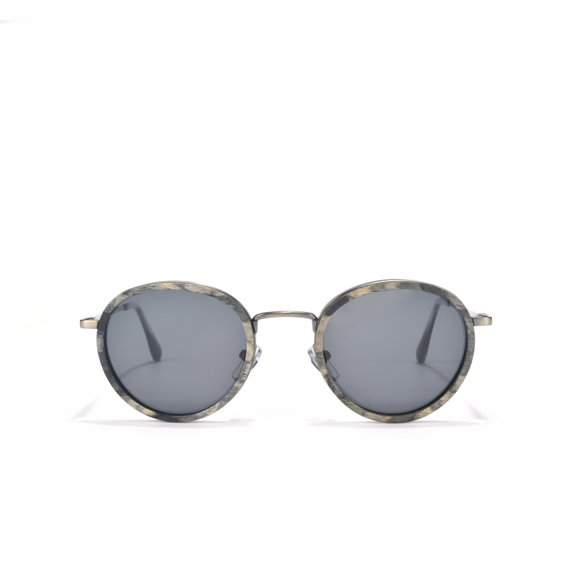 Round vintage sunglasses with gray lenses.