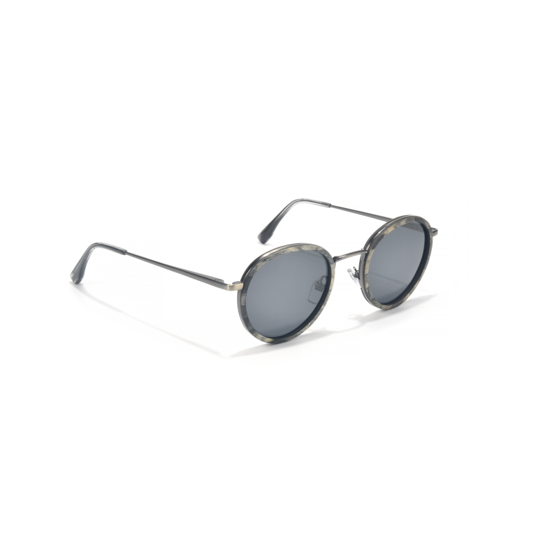 Round sunglasses with dark lenses, silver frames