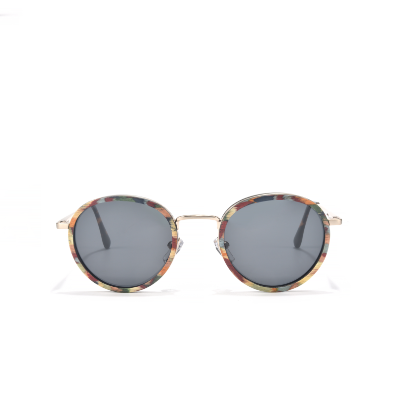 Colorful round sunglasses with dark lenses.