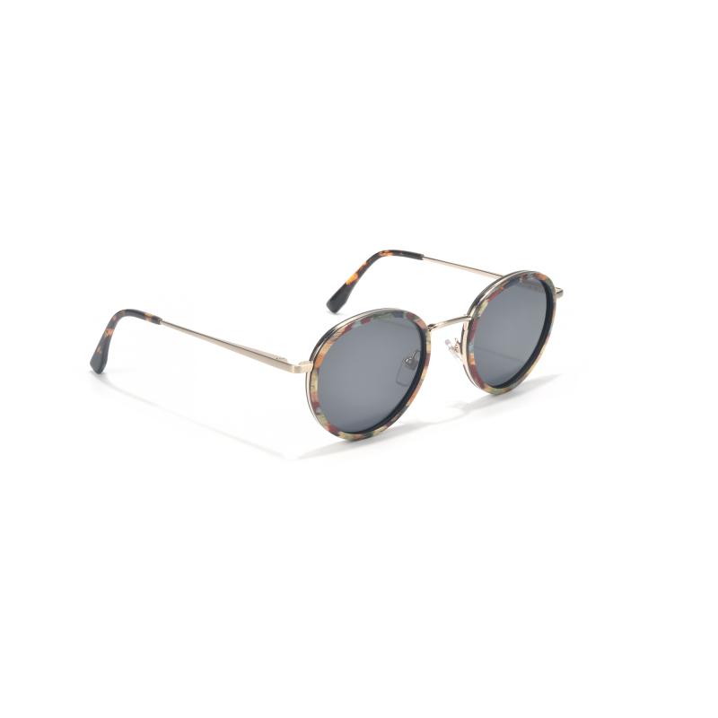 Round sunglasses with floral frame and dark lenses.