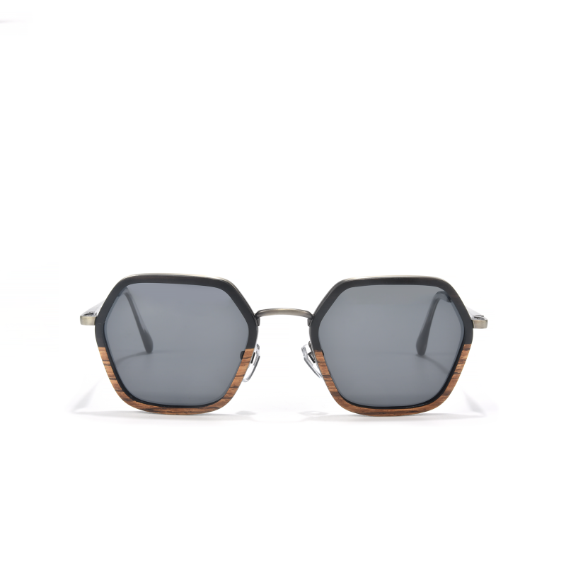 Hexagonal sunglasses with wooden detailing.