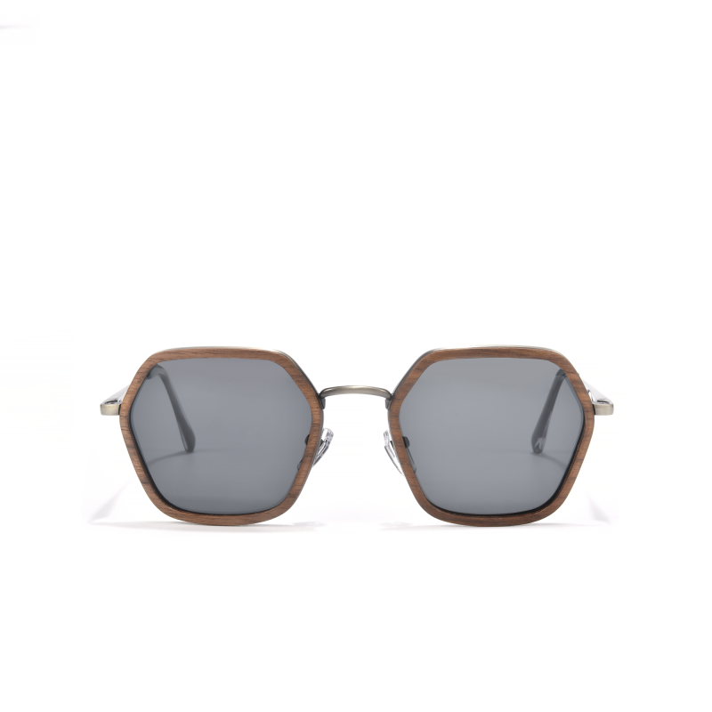 Hexagonal sunglasses with wooden frames