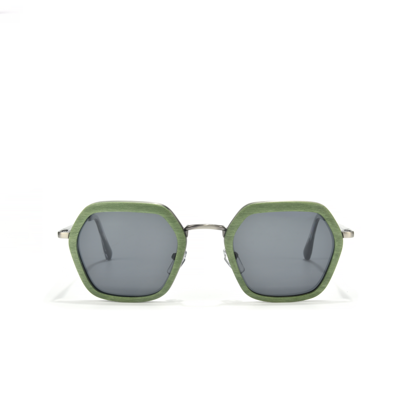 Hexagonal green sunglasses with dark lenses.