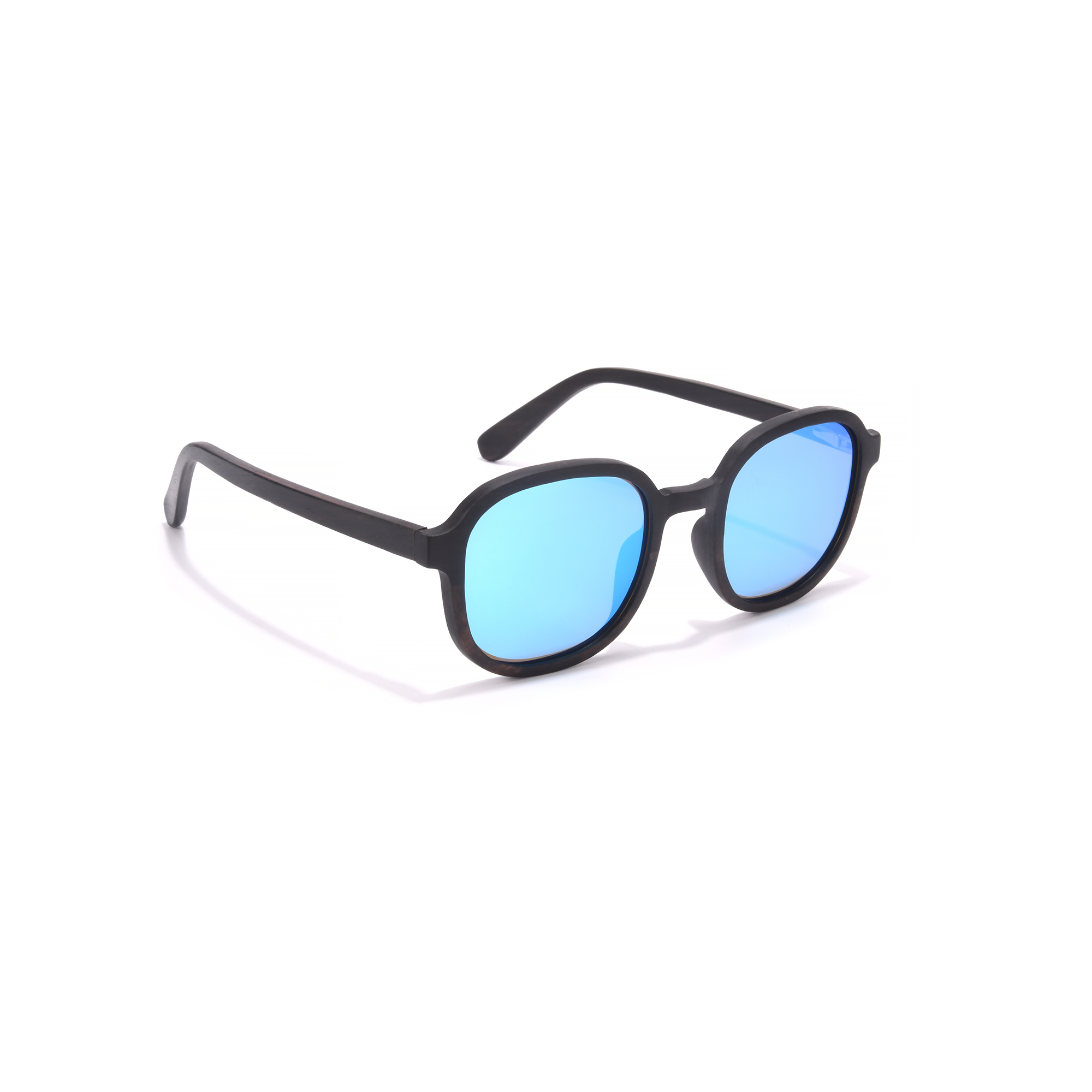 highgate cblue side Stylish black sunglasses with blue lenses.