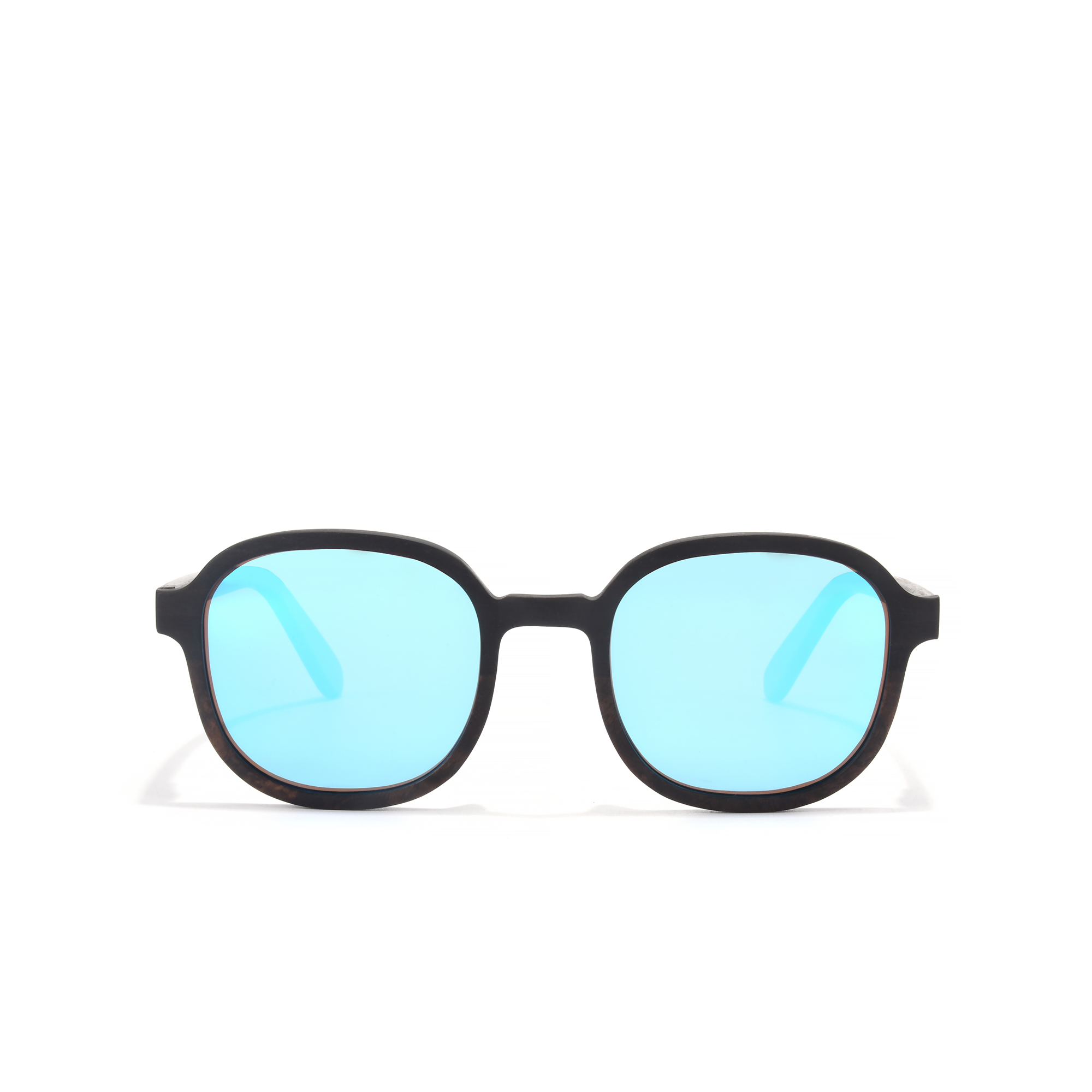 highgate cblue Black sunglasses with blue lenses on white background.