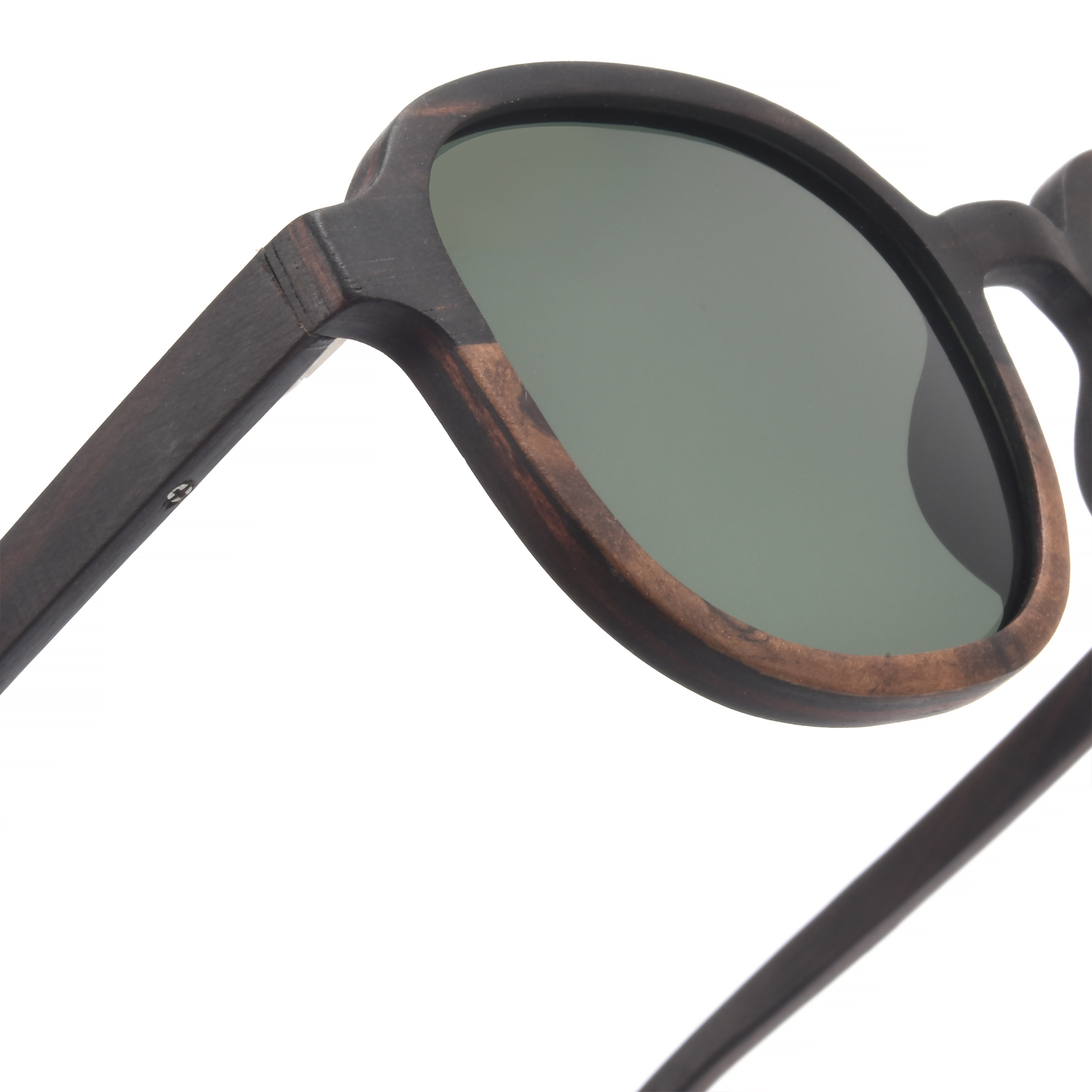highgate close up Stylish wooden sunglasses with dark lenses.