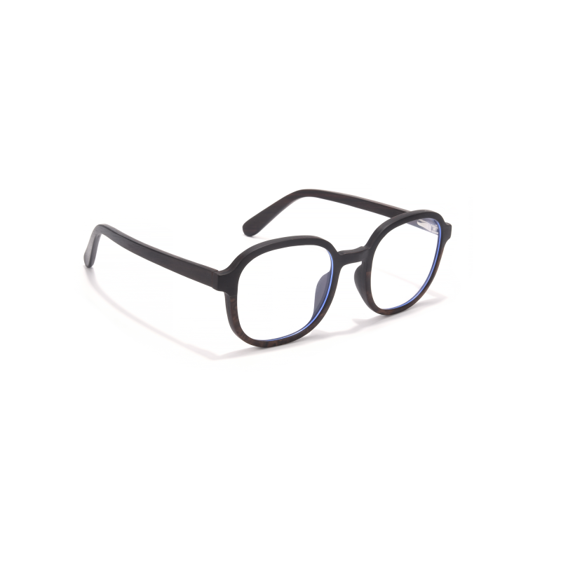 Black eyeglasses with blue light filter lenses.