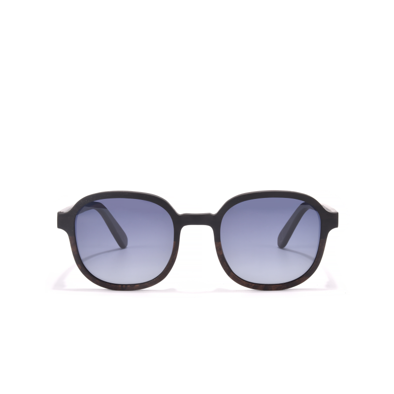 Stylish black sunglasses with blue tinted lenses.