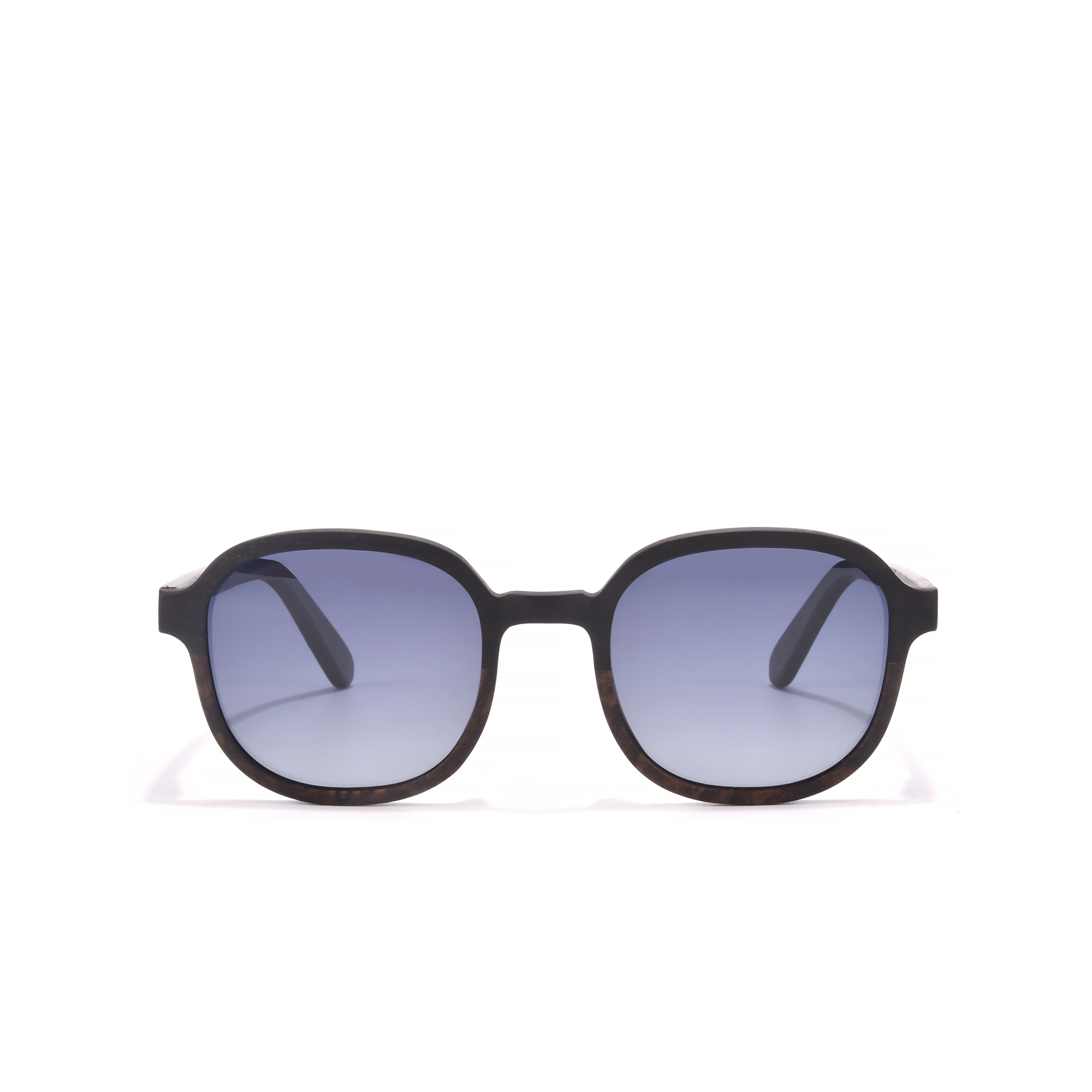 highgate -grey Stylish black sunglasses with blue tinted lenses.