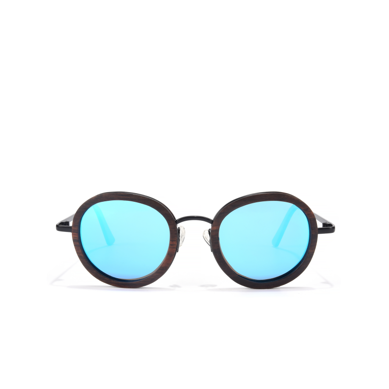 Round sunglasses with blue mirrored lenses