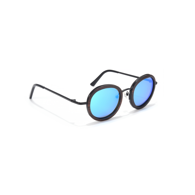 Round sunglasses with blue lenses.