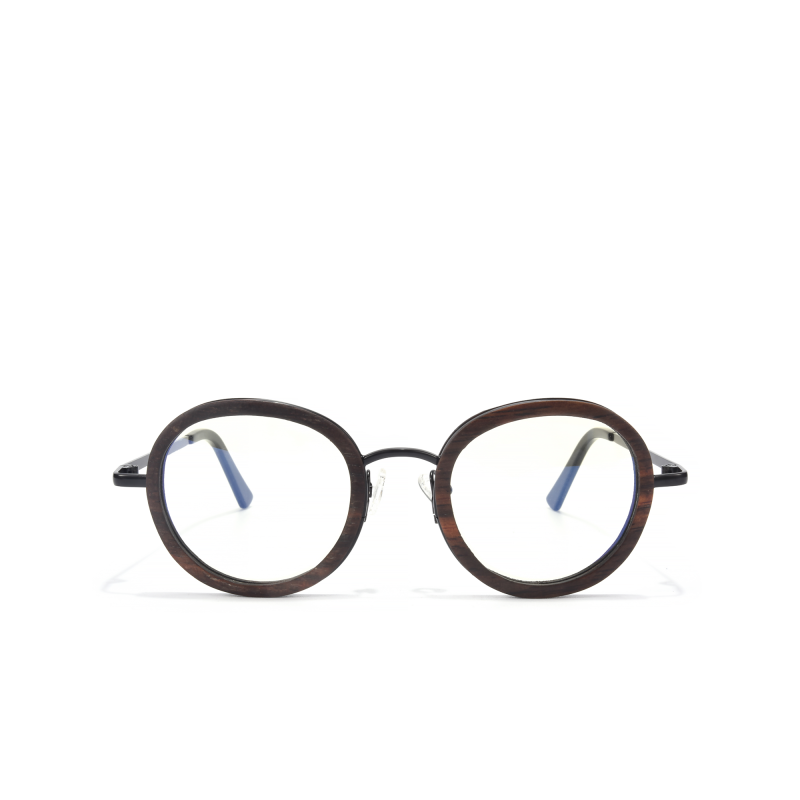 Round eyeglasses with dark frames.