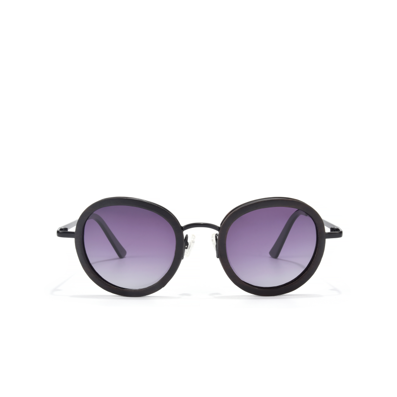 Round black sunglasses with purple lenses.