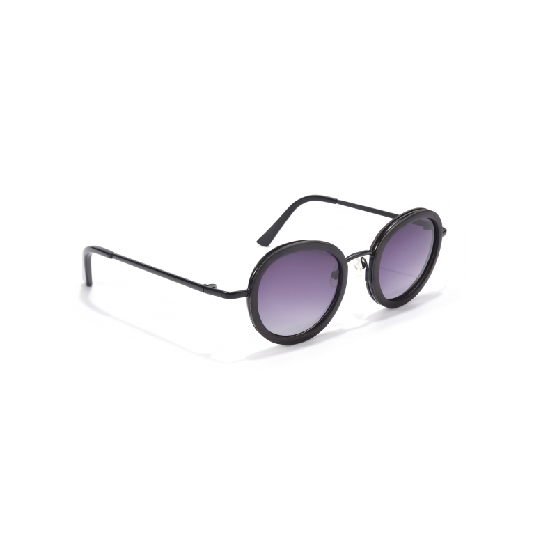 Black round sunglasses with purple lenses