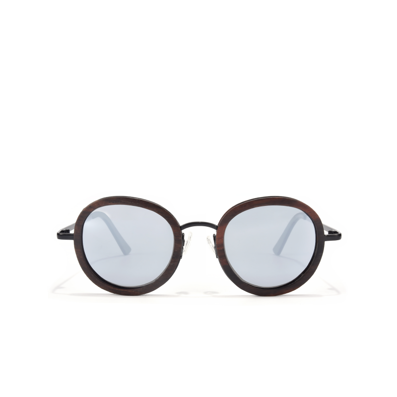 Round sunglasses with gray lenses and dark frame.