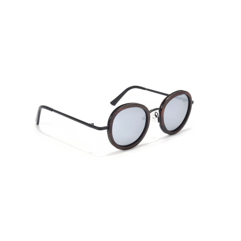 Round black sunglasses on white background.