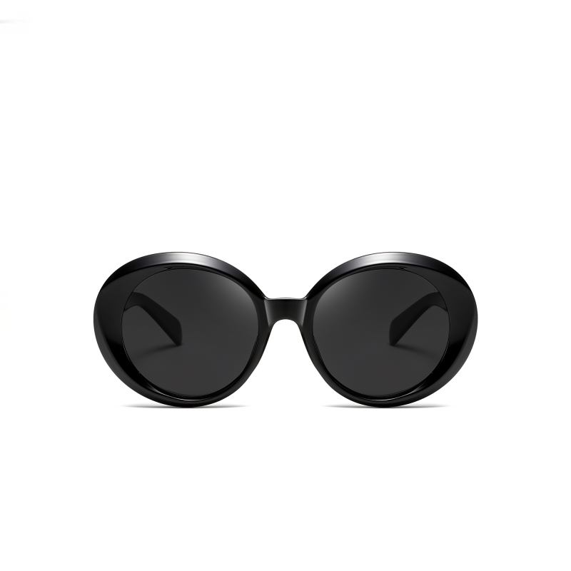 Black oval sunglasses on white background.
