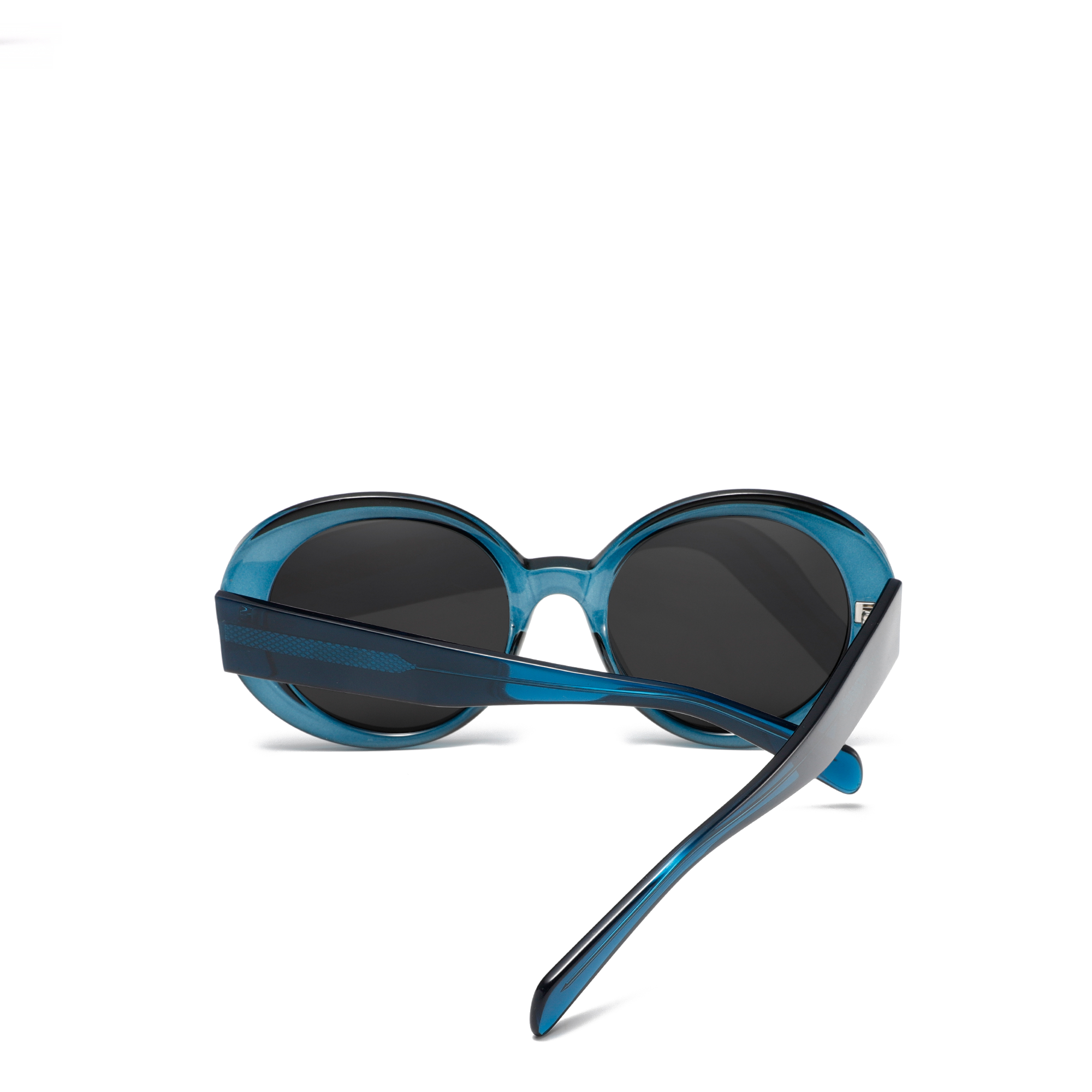 maddox blue sunglasses by find unusual back open Stylish round blue sunglasses with black lenses.