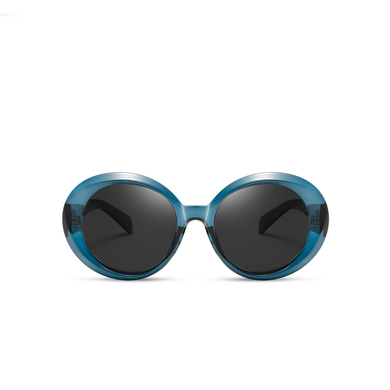 Round teal sunglasses on white background