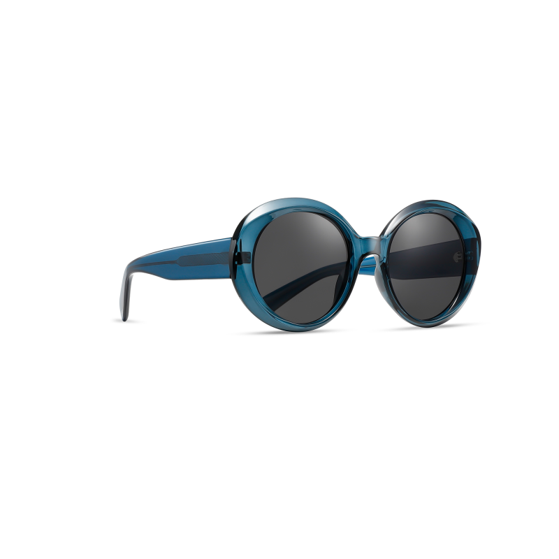 Blue round sunglasses with dark lenses.