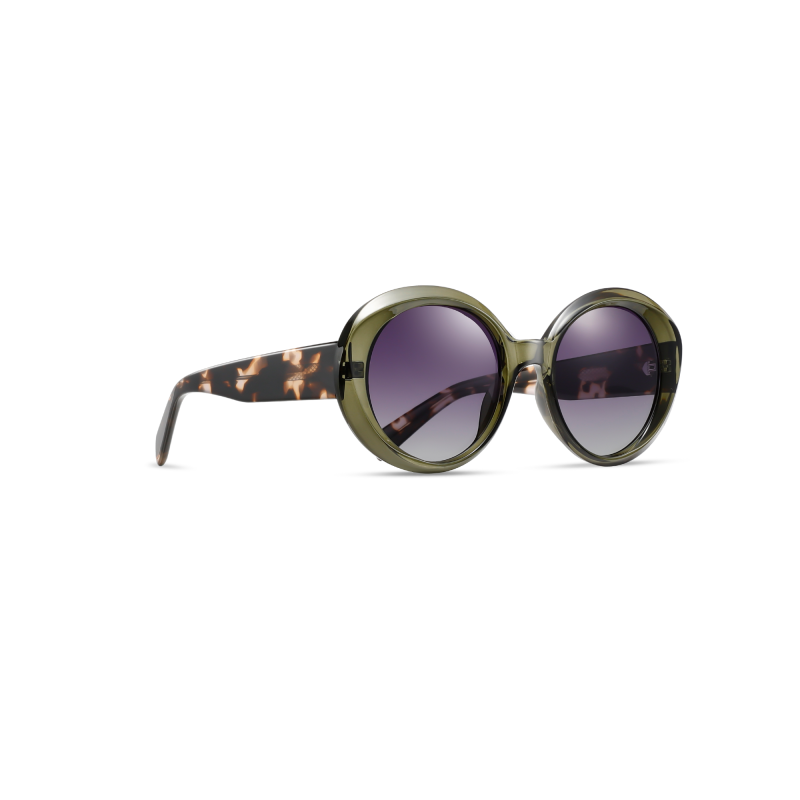 Round sunglasses with green frames and tinted lenses.
