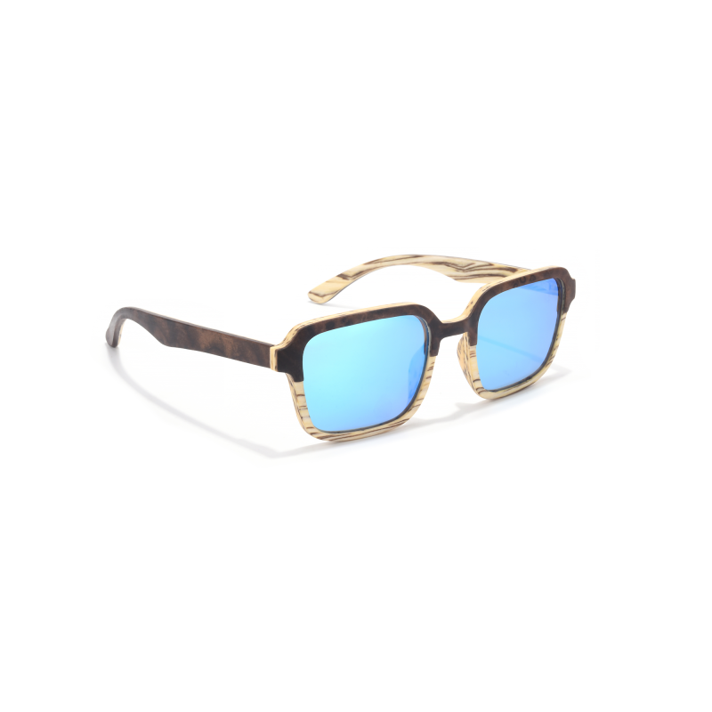 Stylish blue lens wooden sunglasses.