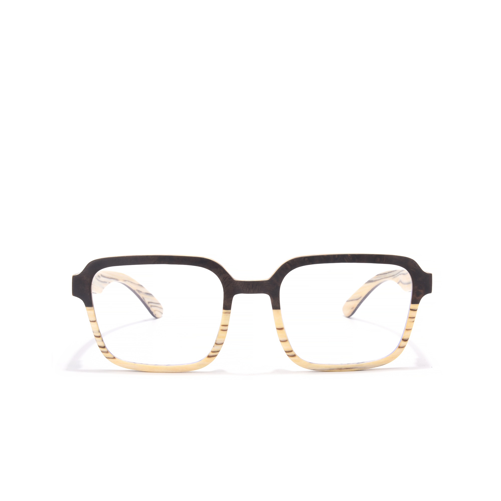 whitechapel – clear Striped square eyeglasses with dark frames.