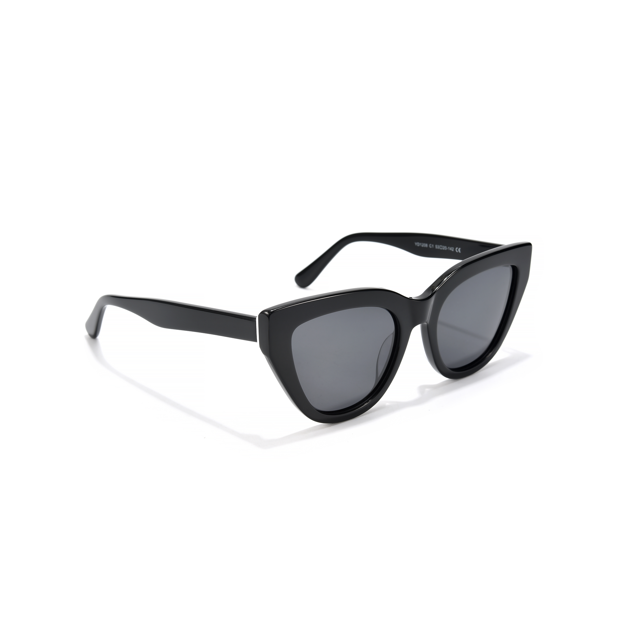 Clementine by find unusual blk 2 Stylish black cat-eye sunglasses with dark lenses.