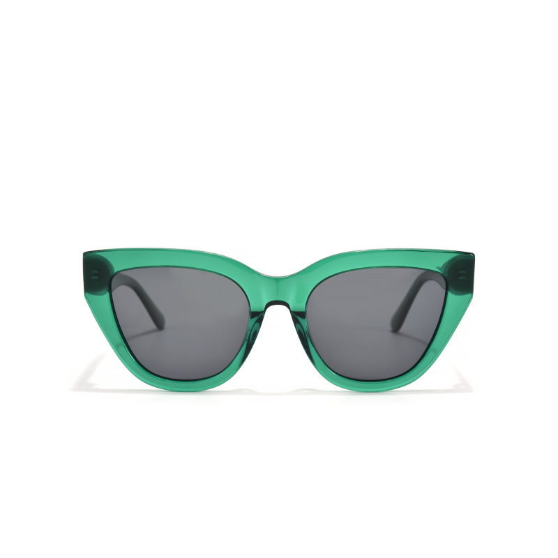 Green cat-eye sunglasses on white background.