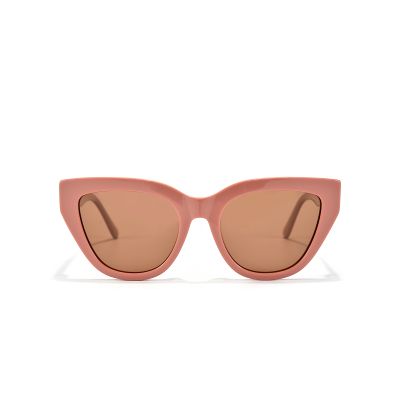 Pink cat-eye sunglasses with brown lenses.
