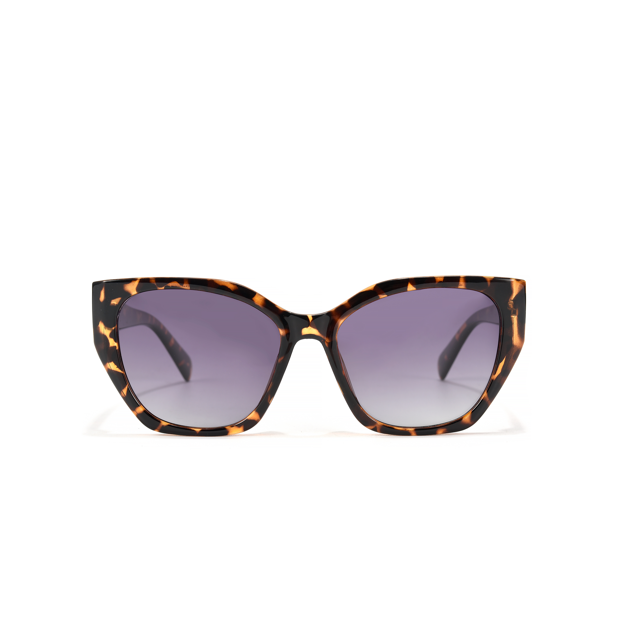 Duchess side view tortoiseshell purple front Tortoiseshell cat-eye sunglasses on white background.