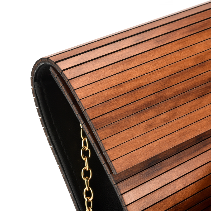 Wooden clutch purse with gold chain accent