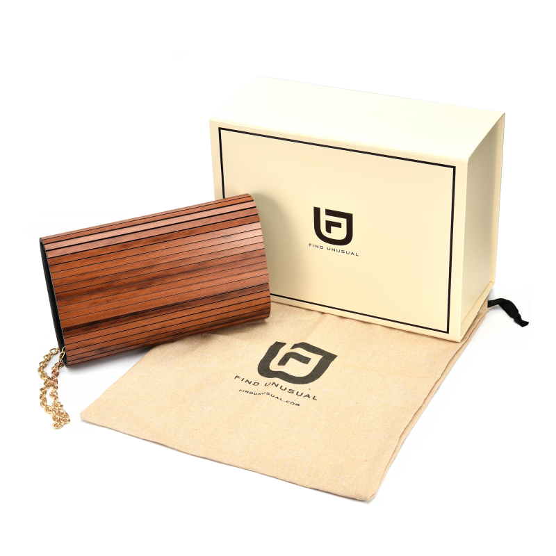 Wooden clutch with branded box and dust bag.