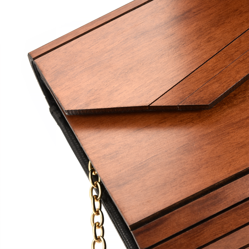 Wooden clutch purse with gold chain detail